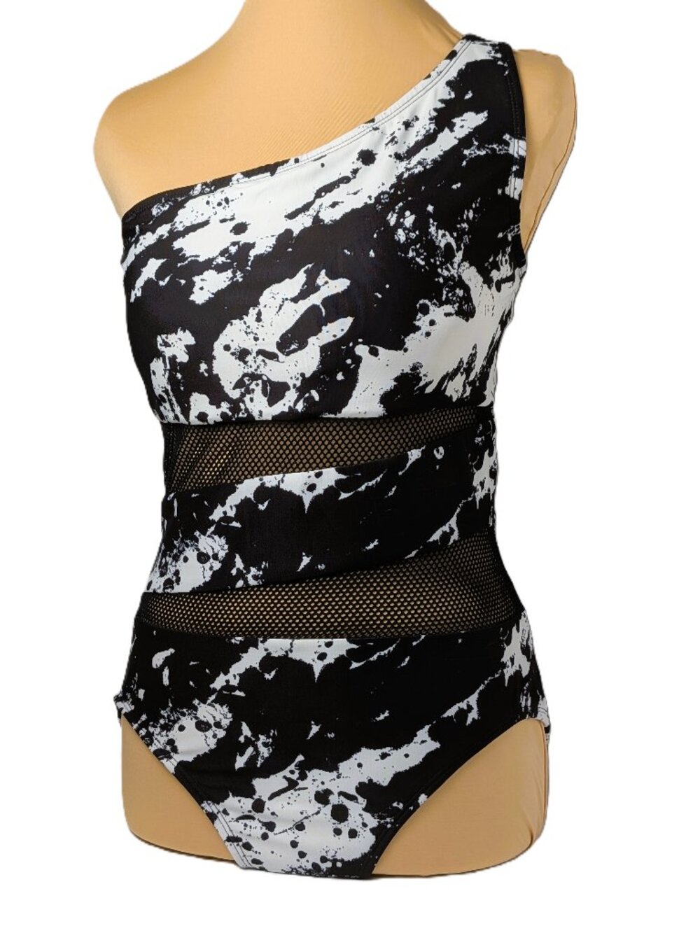 Carmen Marc Valvo White Black Abstract Mesh One Piece Swimsuit Size 12 NEW